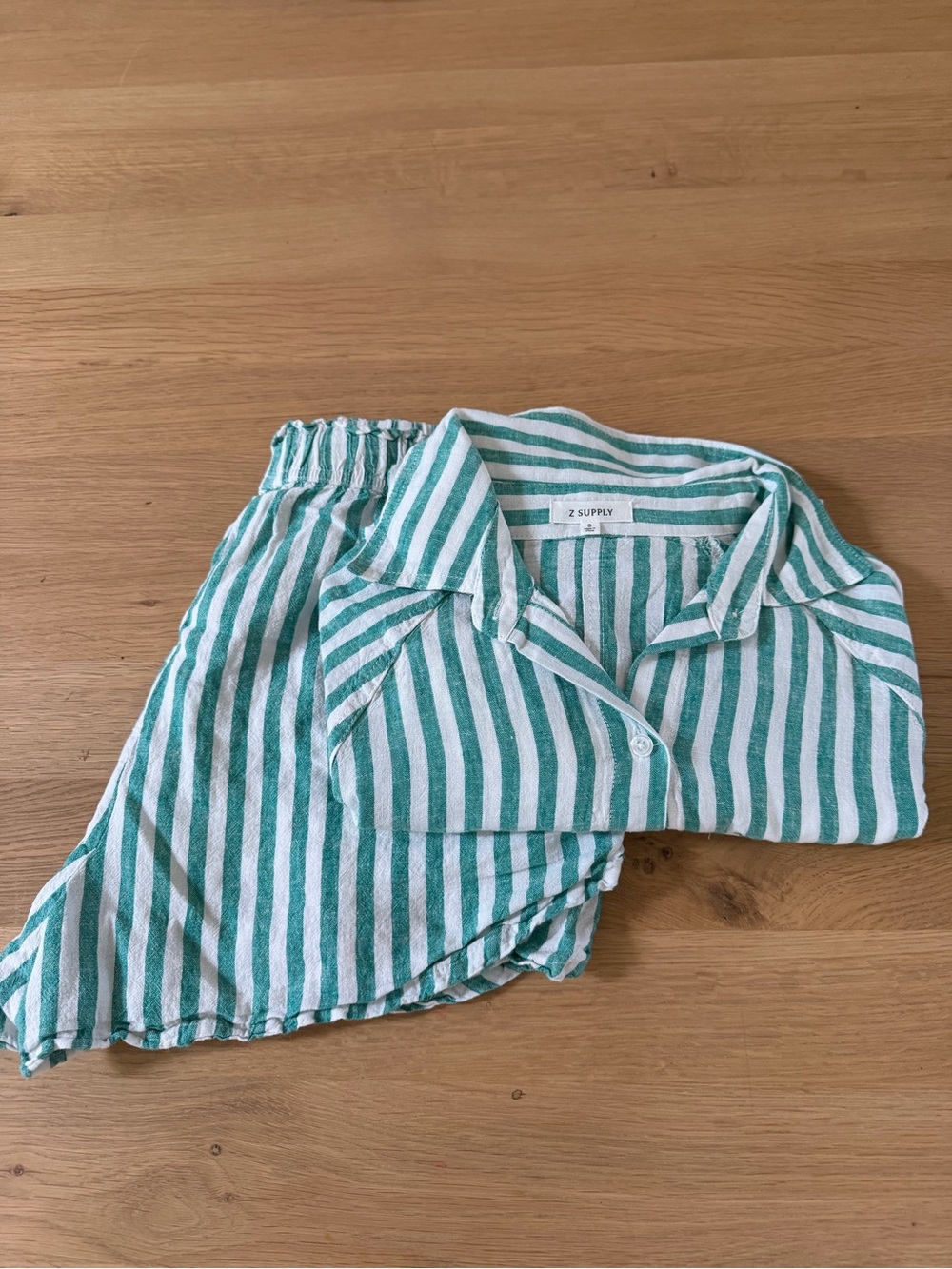 Z Supply womens Green & White Striped Shorts and long sleeve button up top